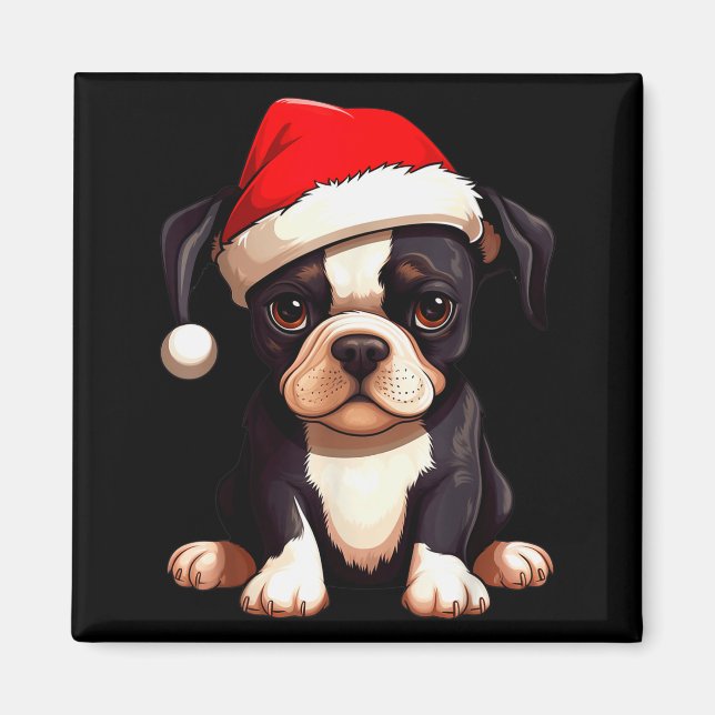 Christmas Boston Terrier Dog Santa Hat Funny Xmas  Magnet (Front)