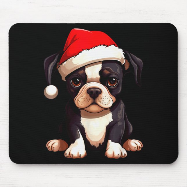 Christmas Boston Terrier Dog Santa Hat Funny Xmas  Mouse Mat (Front)