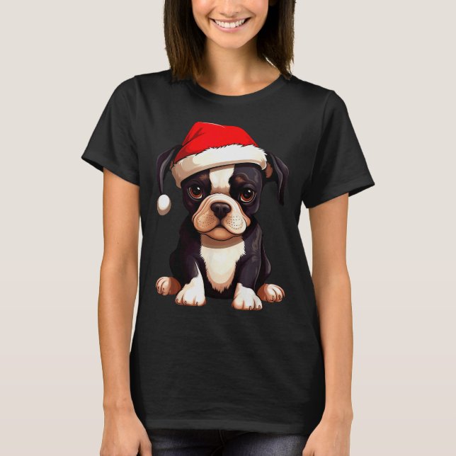 Christmas Boston Terrier Dog Santa Hat Funny Xmas  T-Shirt (Front)