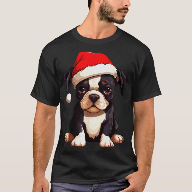 Christmas Boston Terrier Dog Santa Hat Funny Xmas  T-Shirt (Front)