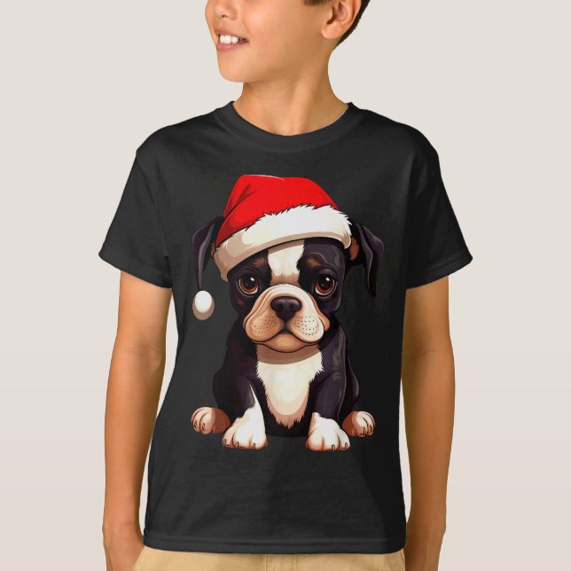 Christmas Boston Terrier Dog Santa Hat Funny Xmas  T-Shirt (Front)