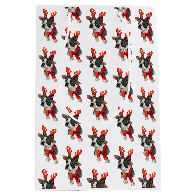 Christmas Boston terrier dog Wrapping Paper Medium Gift Bag (Front)