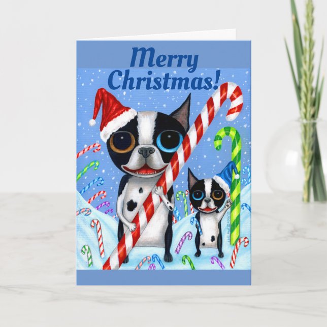 Christmas Boston Terrier Dogs Candy Cane Santa Hat Card (Front)