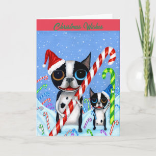 Christmas Boston Terrier Dogs Candy Cane Santa Hat Card