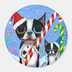 Christmas Boston Terrier Dogs Candy Cane Santa Hat Magnet