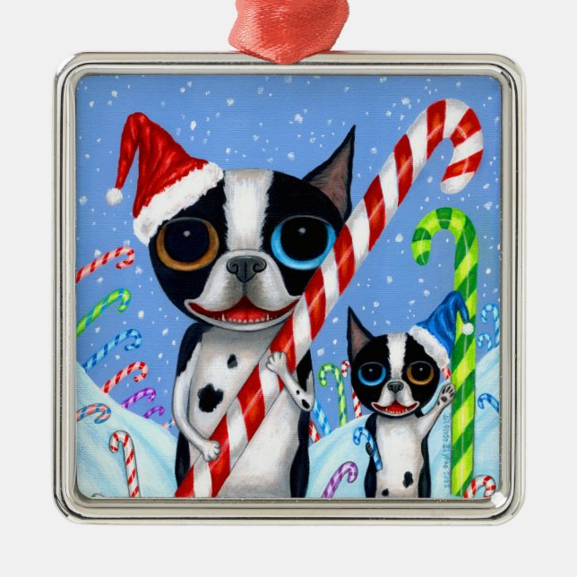 Christmas Boston Terrier Dogs Candy Cane Santa Hat Metal Tree Decoration (Front)