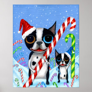 Christmas Boston Terrier Dogs Candy Cane Santa Hat Poster