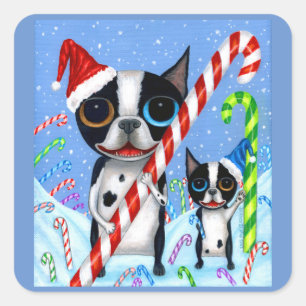 Christmas Boston Terrier Dogs Candy Cane Santa Hat Square Sticker