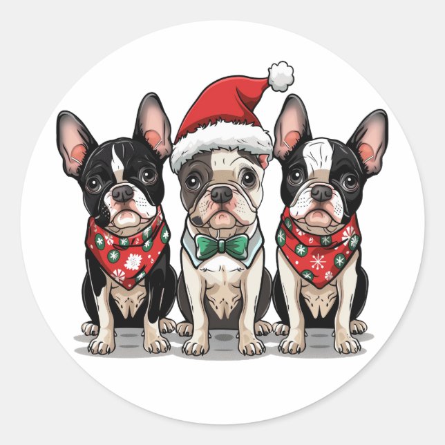 Christmas Boston Terrier Dogs Classic Round Sticker (Front)