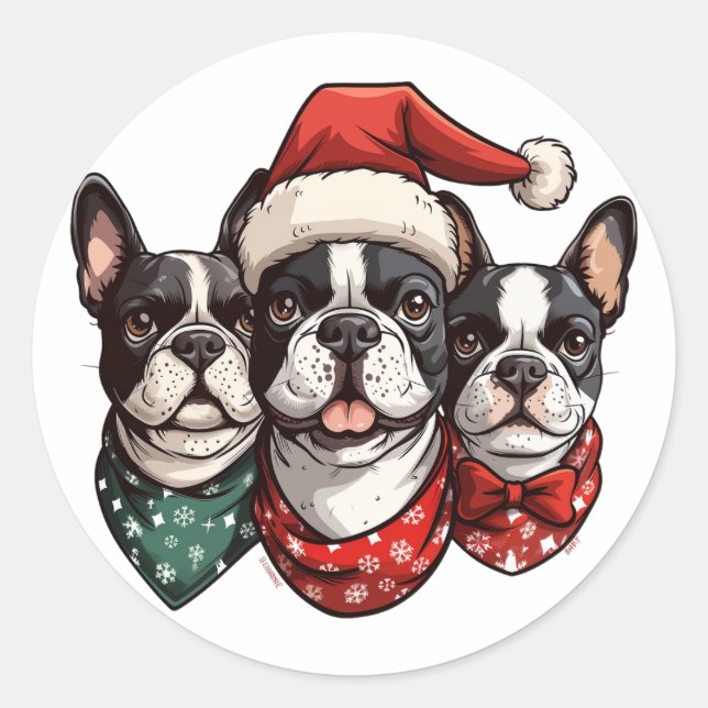Christmas Boston Terrier Dogs Classic Round Sticker (Front)