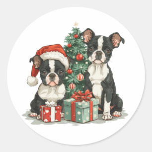Christmas Boston Terrier Dogs Classic Round Sticker
