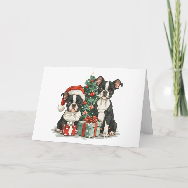 Christmas Boston Terrier Dogs Holiday Card (Front)