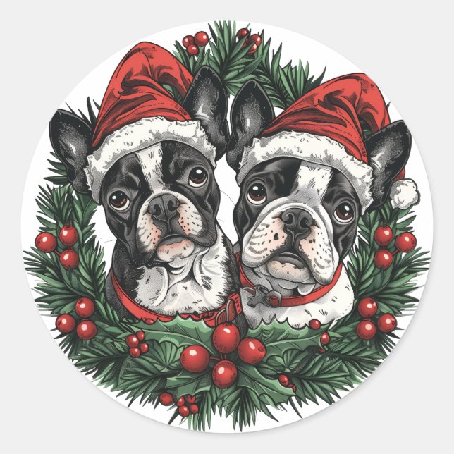 Christmas Boston Terrier Dogs Holiday Wreath Classic Round Sticker (Front)