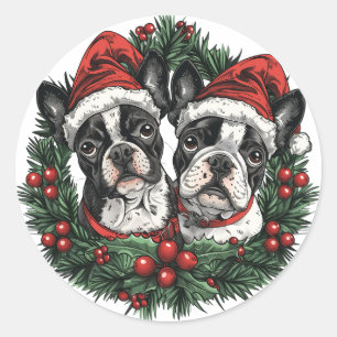 Christmas Boston Terrier Dogs Holiday Wreath Classic Round Sticker