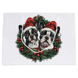 Christmas Boston Terrier Dogs Holiday Wreath Large Gift Bag