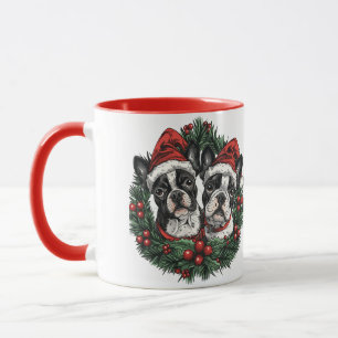 Christmas Boston Terrier Dogs Holiday Wreath Mug