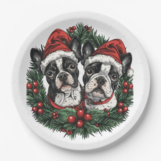 Christmas Boston Terrier Dogs Holiday Wreath Paper Plate (Front)