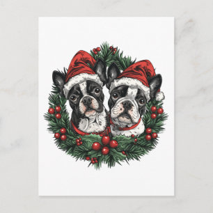 Christmas Boston Terrier Dogs Holiday Wreath Postcard