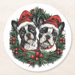 Christmas Boston Terrier Dogs Holiday Wreath Round Paper Coaster