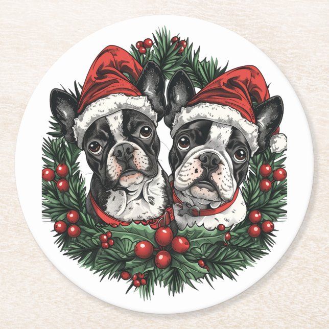 Christmas Boston Terrier Dogs Holiday Wreath Round Paper Coaster (Front)