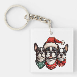 Christmas Boston Terrier Dogs Key Ring