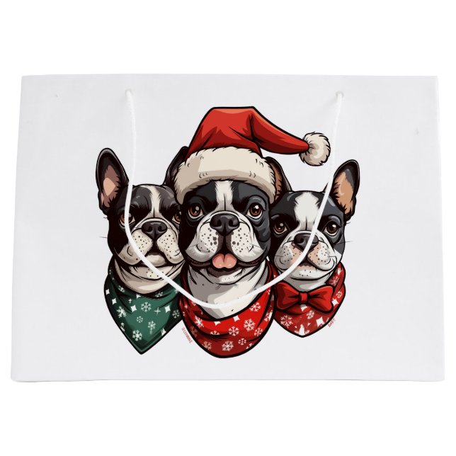 Christmas Boston Terrier Dogs Large Gift Bag (Front)