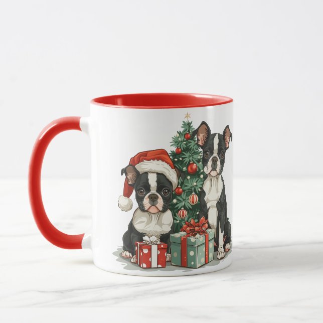 Christmas Boston Terrier Dogs Mug (Left)