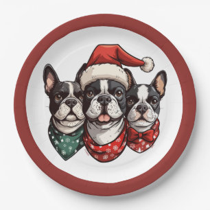 Christmas Boston Terrier Dogs Paper Plate