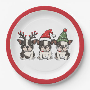 Christmas Boston Terrier Dogs Paper Plate