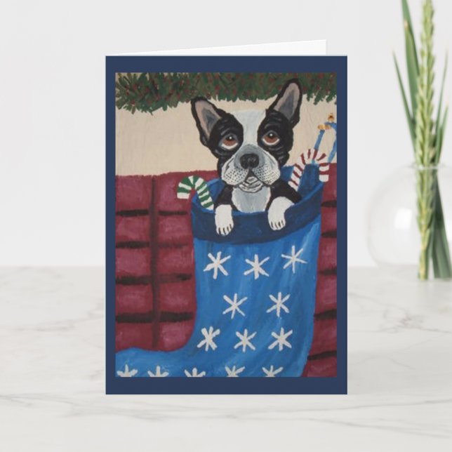 Christmas Boston Terrier in a Stocking Card (Front)
