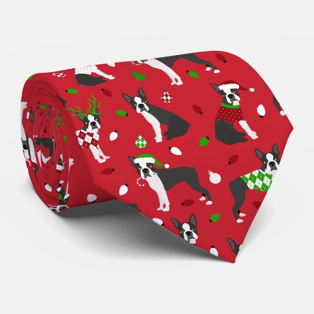 Christmas Boston Terrier Neck Tie (Rolled)