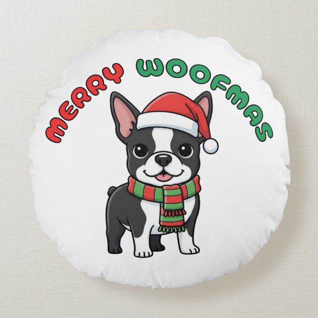 Christmas Boston Terrier Pillow: Merry Woofmas Round Cushion (Front)