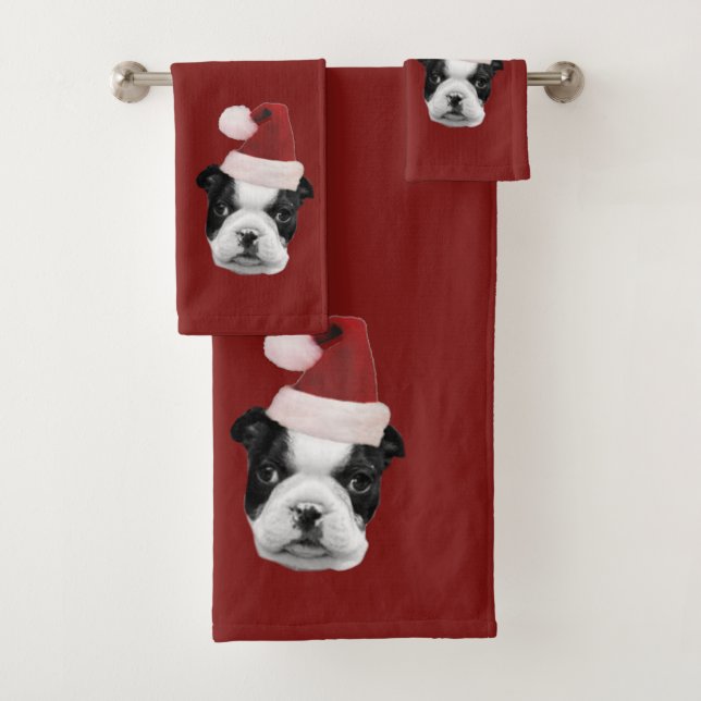 Christmas Boston Terrier puppy dog towel set (Insitu)