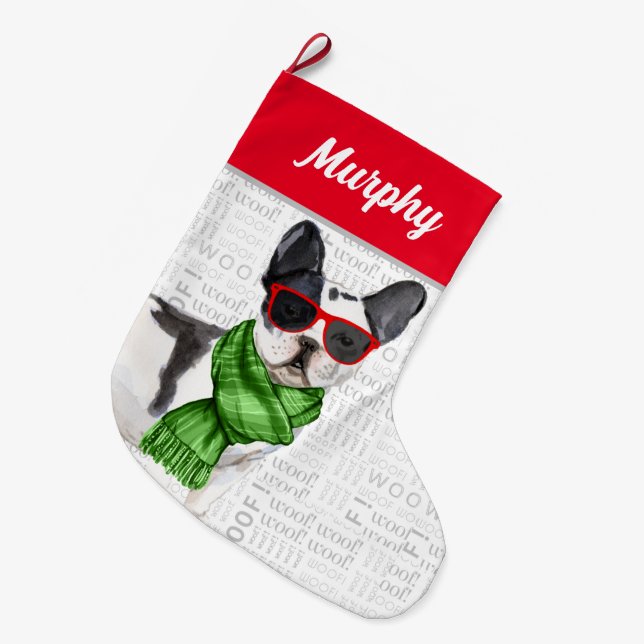 Christmas Boston Terrier with Dog's Name Large Christmas Stocking (Front (Hanging))