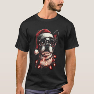 Christmas Boston Terrier with Glasses Santa Hat Fe T-Shirt