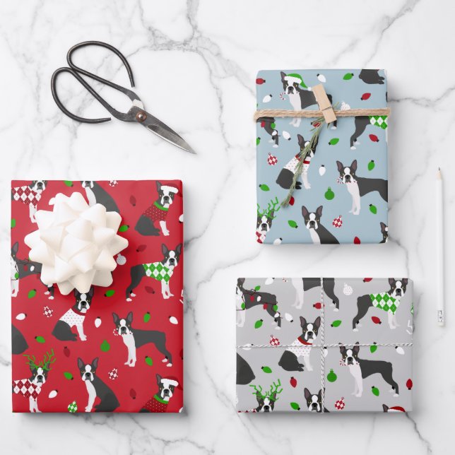 Christmas Boston Terrier Wrapping Paper Sheet (Front)