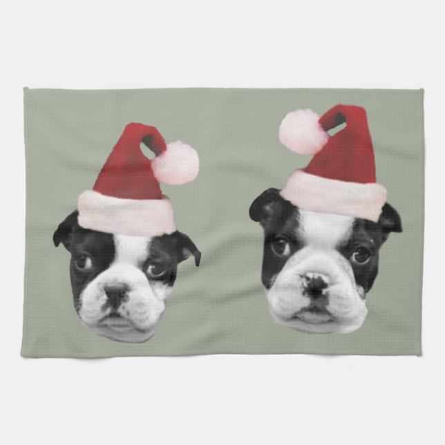 Christmas Boston Terriers Tea Towel (Horizontal)