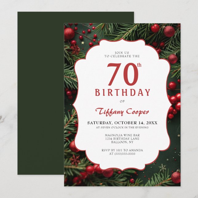 Christmas Botanical 70th Birthday Invitation (Front/Back)
