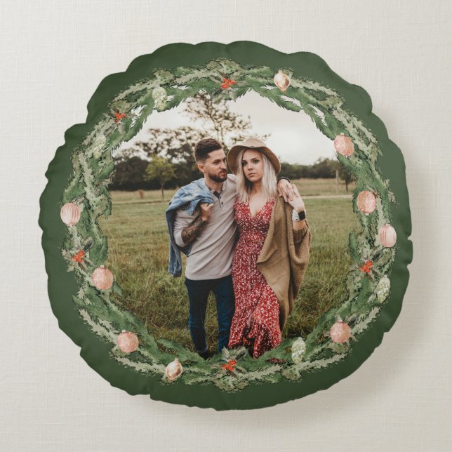 Christmas Botanical and Floral Greenery Photo Round Cushion (Front)