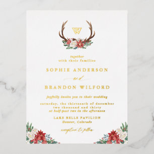 Christmas Botanical Antler Wreath Winter Wedding Foil Invitation Postcard