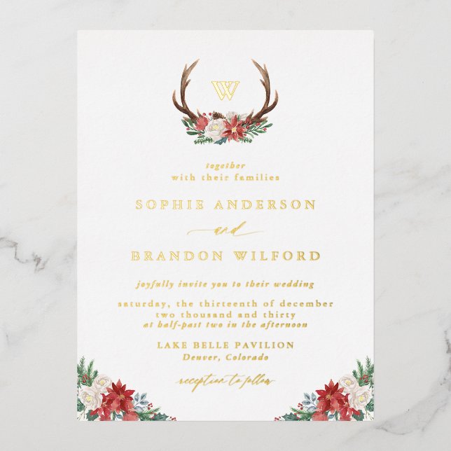 Christmas Botanical Antler Wreath Winter Wedding Foil Invitation Postcard (Front)