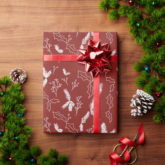 Christmas Botanical Berry Pine Leaves Red Wrapping Paper (Holiday Gift)