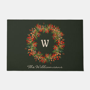 Christmas Botanical Berry Wreath Family Monogram Doormat
