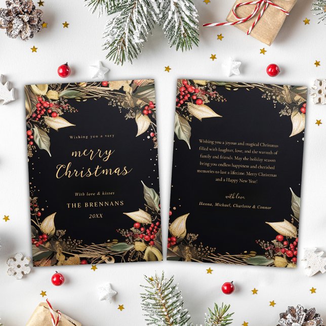 Christmas Botanical Black And Gold Elegant Holiday Card (Christmas Botanical Black And Gold Elegant Holiday Card)
