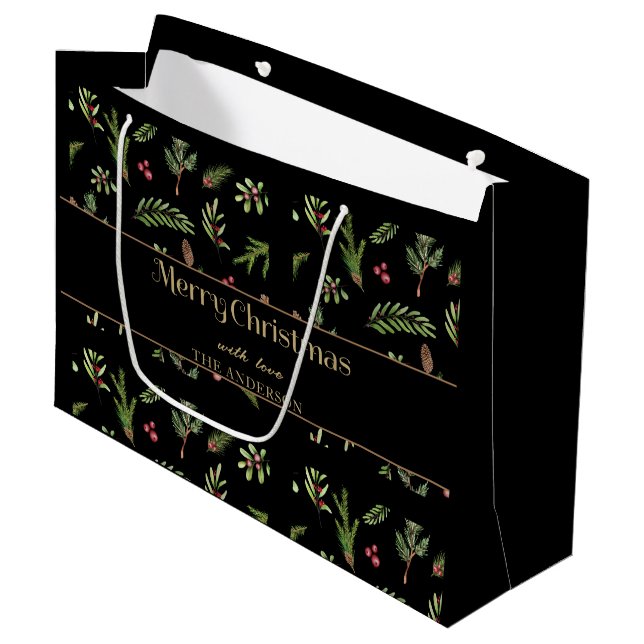 Christmas  botanical Black elegant modern family  Large Gift Bag (Front Angled)