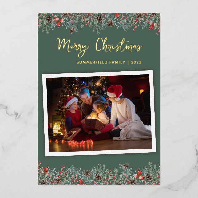 Christmas Botanical Family Photo Gold Foil Holiday Card (Front)
