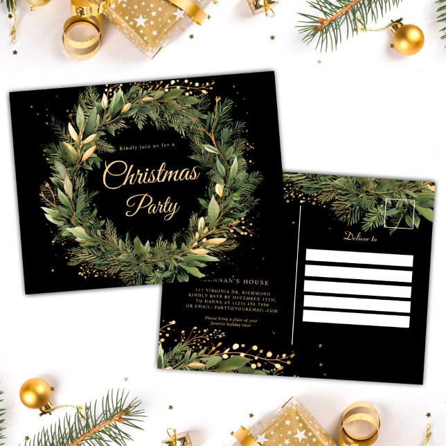 Christmas Botanical Festive Elegant Holiday Party  Invitation Postcard (Christmas Botanical Festive Elegant Holiday Party Invitation Postcard)