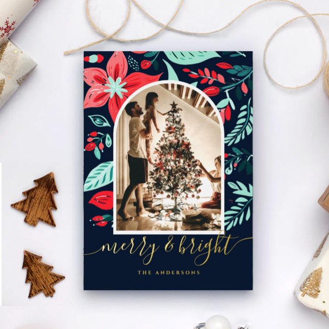 Christmas  Botanical Floral Blue Arch Photo Gold Foil Holiday Card (Creator Uploaded)