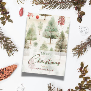 Christmas Botanical Green Pine Trees Red Ornaments Holiday Card