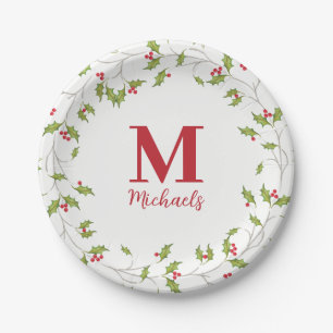 Christmas Botanical Holiday Holly Berries Monogram Paper Plate